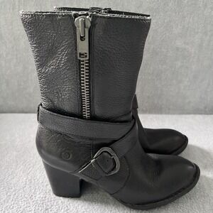 Born Women's Moto Leather Boots BLACK 6 M/W Biker Buckle zipper Heels‎ Calf Zip